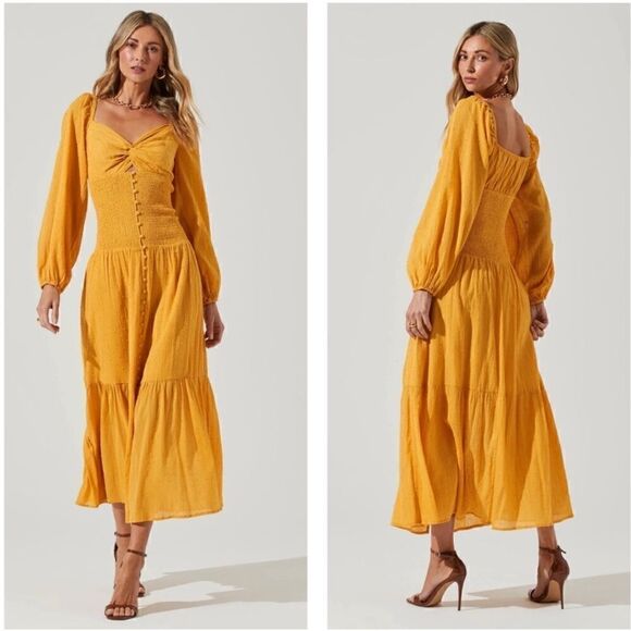 ASTR THE LABEL x Revolve Yellow Swiss Dot Twist Bust Long Sleeve Midi Dress - Picture 1 of 11
